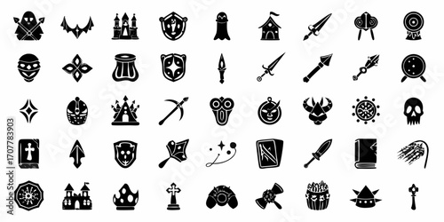 Collection of fantasy game icons including weapons armor castles and magical items