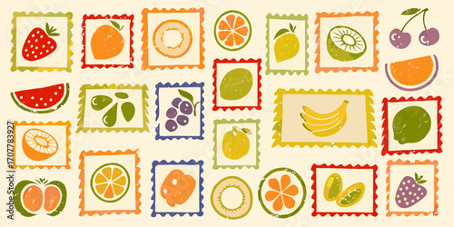 Collection of colorful hand drawn fruit illustrations in postage stamp frames on a cream background
