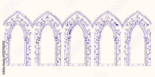 Ornate gothic arches decorated with floral vines and leaves in a repeating pattern