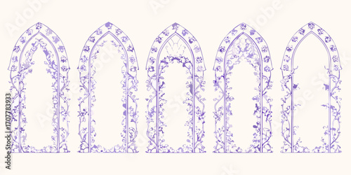Fotografie Set of five ornate gothic arches decorated with delicate purple floral vines and