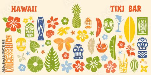 Vibrant hawaiian tiki bar collection with tropical flora fauna and surfboards
