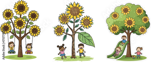 Children playing outdoors on sunflower tree playground, swinging, sliding, running, joyful kids, nature-inspired play area, summer fun, colorful cartoon illustration.