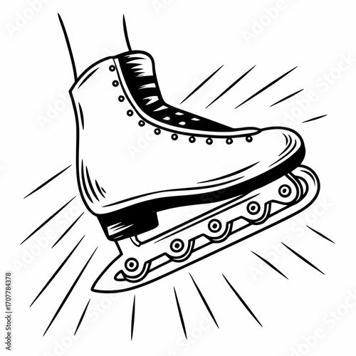 Black and white illustration of an ice skate with radiating lines ice skating winter sport