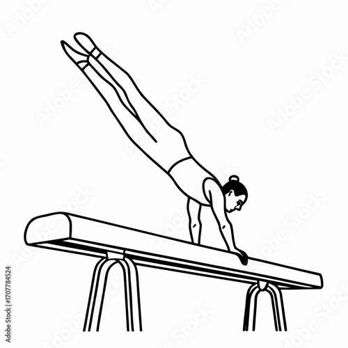 Female gymnast performing a handstand on a balance beam in a line drawing gymnastics athlete