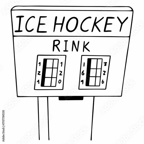 Hand drawn illustration of an ice hockey rink scoreboard with scores game
