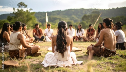 Indigenous Group Sitting in Circle Outdoor on Field Wearing Traditional Clothing in Sunlight at Daytime Focused on Unity and Cultural Heritage Ceremony