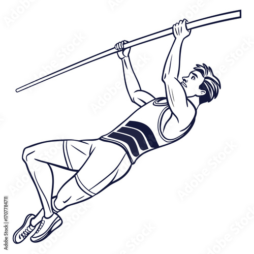Male athlete hanging from a horizontal bar in stylized line art gymnastics sport