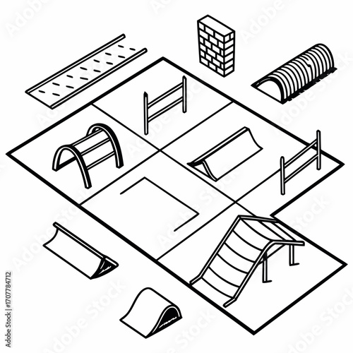 Isometric Outline Drawing Of An Obstacle Course For Dogs Or Humans agility training