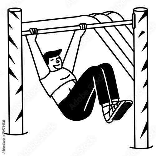 Man hanging from a pull-up bar doing exercises in a line drawing pull up bar fitness