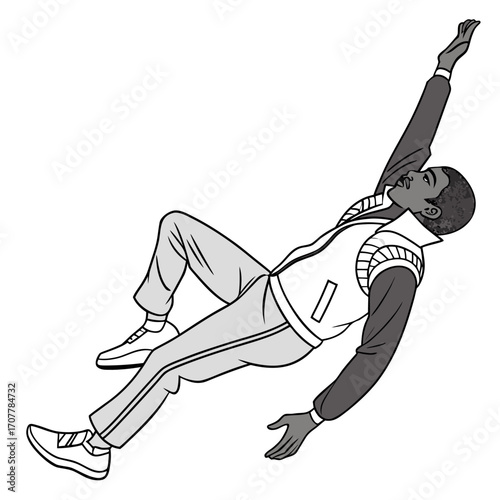 Man falling backward with arm outstretched on a white background losing balance accident