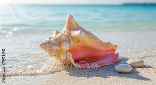 A beautiful pink conch shell rests on a sandy beach with gentle waves lapping at the shore under the bright sun