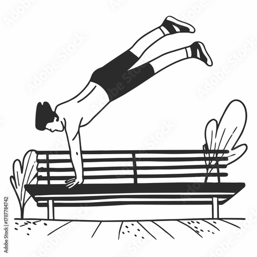 Man doing a handstand push-up on a park bench with plants push up exercise