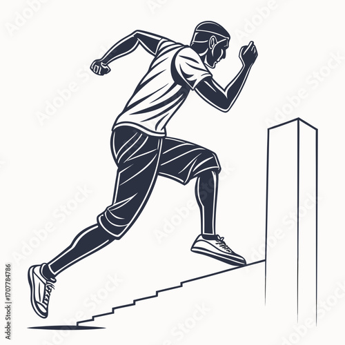 Man in t-shirt and shorts running up stairs in a stylized graphic parkour traceur
