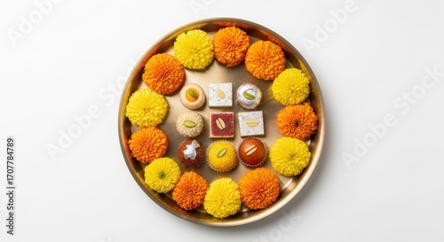 A round brass plate filled with colorful indian sweets and marigold flowers, isolated on white