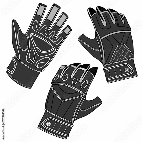 Three black and grey motorcycle gloves arranged in a triangular pattern riding protection