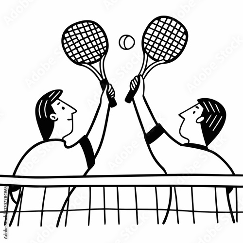 Two cartoon tennis players with rackets and ball over the net sport game
