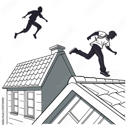 Two men in silhouette running across rooftops of a building with a chimney and windows city urban