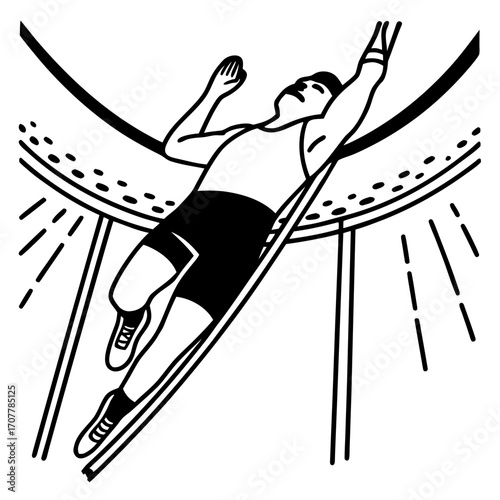 Athlete performing pole vault jump in stylized line art sport jumping