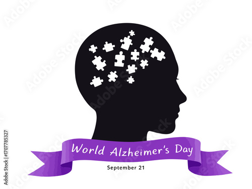 Minimalist vector of human head silhouette with missing puzzle pieces and purple ribbon, featuring text World Alzheimer’s Day September 21 on white background