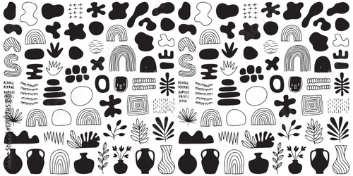 Vector Boho Seamless Pattern and Vector Icon Set. Doodle, floral pattern, line art, boho pattern, vase, pot, Hand Drawn Abstract Rainbow Sun Moon Floral Printable