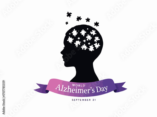 Minimalist vector of human head silhouette with missing puzzle pieces and purple ribbon, featuring text World Alzheimer’s Day September 21 on white background
