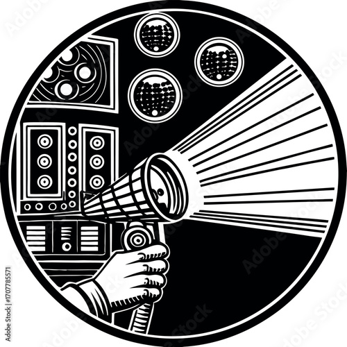 Handheld projector emitting light beam from control panel black and white retrofuturistic