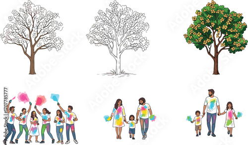 Group of people celebrating Holi festival outdoors, colorful powder throwing, happy families, friends having fun, spring cultural event, joyful moments, togetherness