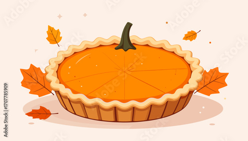 Whole pumpkin pie with autumn leaves and pumpkins