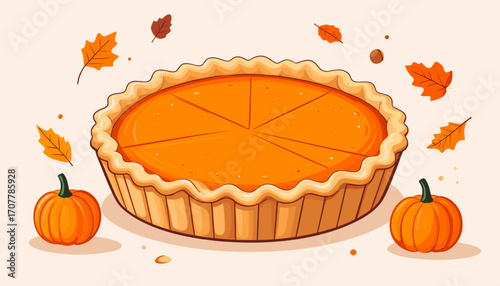 Pumpkin pie with slices and autumn leaves