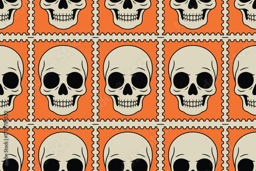 Repeating skulls on orange background with decorative border forming a grid pattern across the entire image