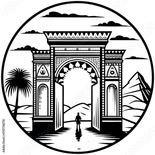 Ornate archway entrance silhouette desert landscape palm tree clouds vector