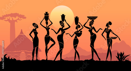 Vector illustration with silhouettes of African women carrying pots and baskets on their heads at sunset. Traditional ethnic culture, village life and African landscape