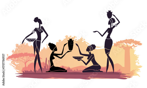 Vector illustration with silhouettes of African women sitting and standing with pots and bowls in traditional scene. Ethnic culture, daily life and African nature background