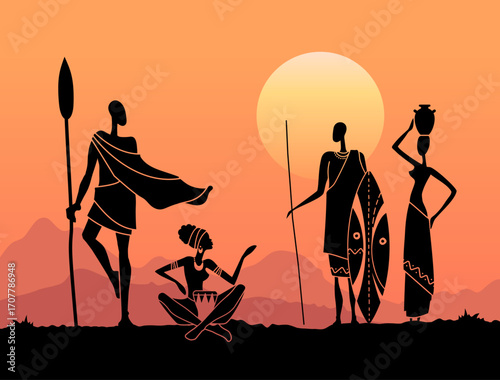 Vector illustration with silhouettes of African men and women holding spears, shield, drum and pot at sunset. Traditional ethnic culture, tribal lifestyle and African landscape