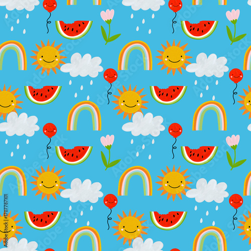 Seamless cartoon summer pattern with sun, balloons, rainbows, watermelons, clouds, and flowers. Cheerful whimsical design for children projects, textiles, wrapping, stationery and packaging.