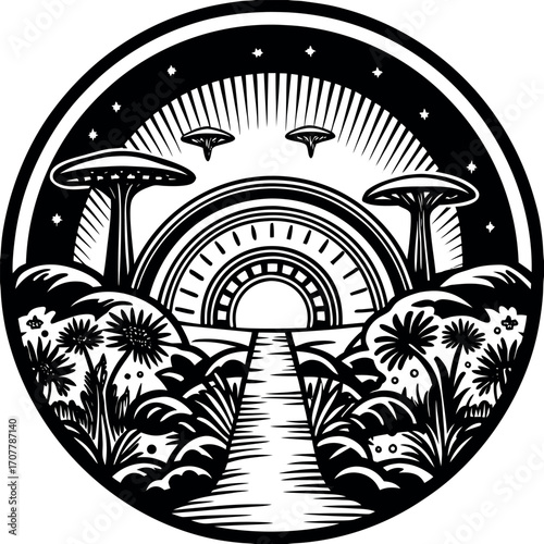 Otherworldly landscape with glowing portal and alien flora alien landscape glowing archway