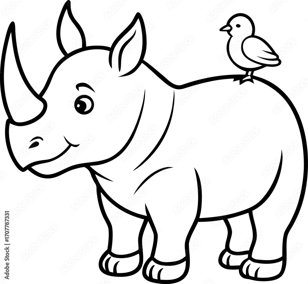 Naklejka premium Rhino with Small Bird on Back Playful Line Art Vector Illustration, Cute Rhino and Bird Minimal Line Art Vector, Rhino with Bird Outline Illustration, Whimsical Animal Vector Art
