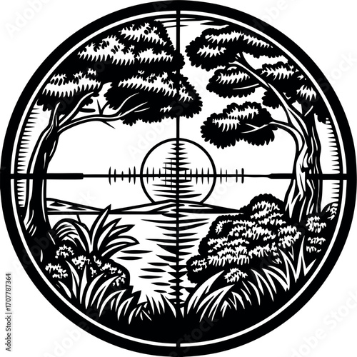Sniper scope view of forest trees and water landscape