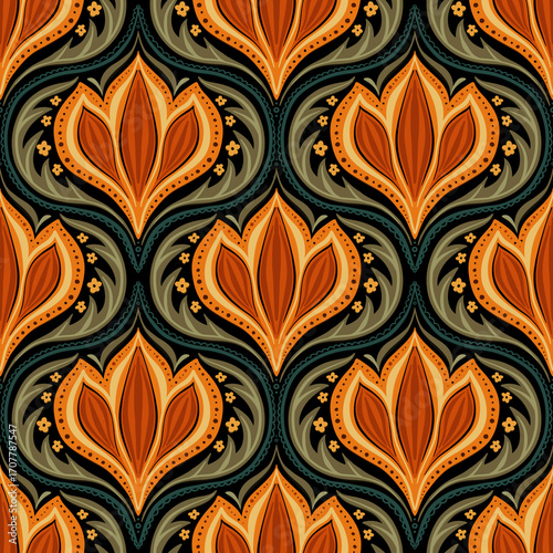 Seamless ornate floral pattern with  leaves and flowers in warm earthy tones. Elegant symmetrical design for textiles, wallpaper, packaging, stationery, fabrics, prints and home decor.