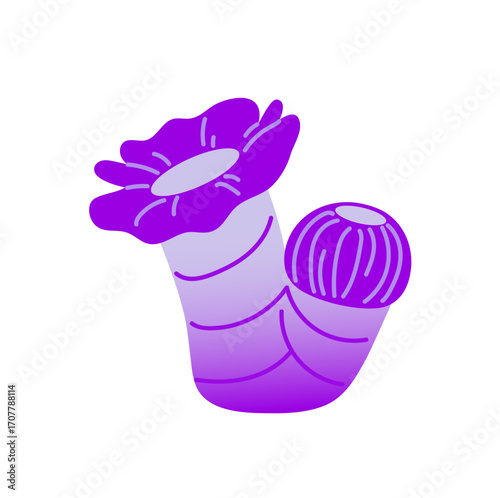 Sea anemone icon. Actinia, flower of ocean bottom. Exotic violet coral. Undersea predatory plant. Tropical underwater flora with tentacles. Flat isolated vector illustration on white background