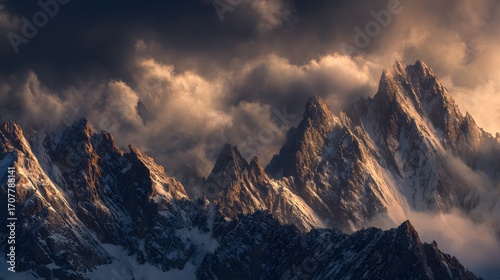 Vivid sunset over rocky, cloud-covered mountains