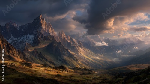 Vivid sunset over rocky, cloud-covered mountains