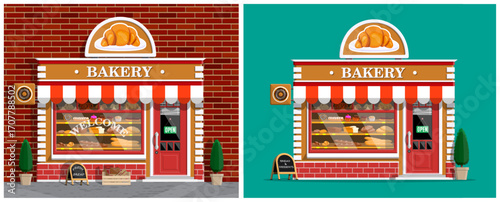 Modern bakery shop exterior with welcoming sign and fresh baked goods. Flat style vector illustration for cafe facade or patisserie.
