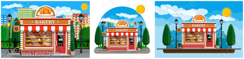 Flat style bakery shop front with awning, window display of bread and desserts, cityscape in background. Local small business.