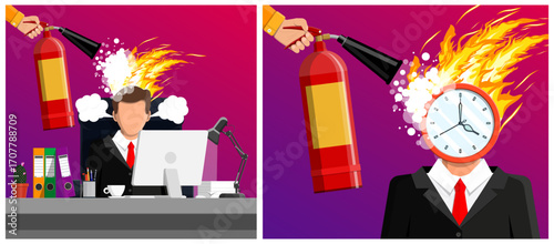 Hand holding fire extinguisher spraying man worker's burning head at office. Stress relief and burnout concept for time management.