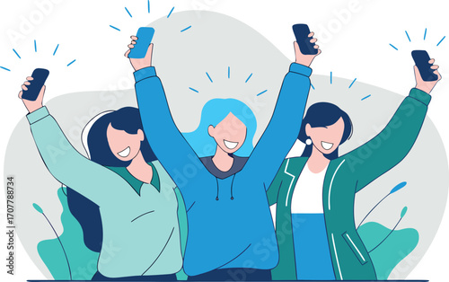Editable Vector Illustration of Three Friends Joyfully Raising Smartphones in a Moment of Shared Triumph and Connection.