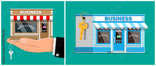 Hand holding a small business shop, next to another shopfront with an open sign. Startup and new small retail ownership concept.