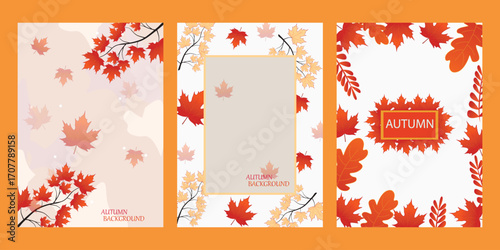 Collection of Autumn mobile  wallpaper  background bright vibrant social media poster, banner, cover, card, story , with yellow and orange leaves. modern autumn greeting card template.