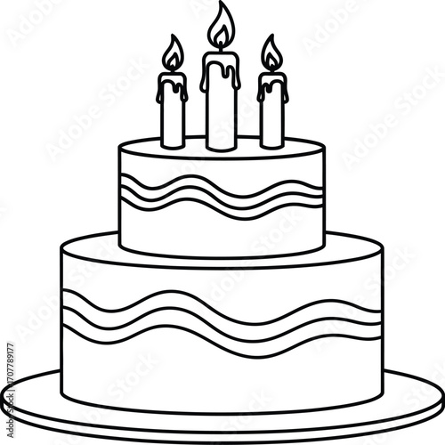 Simple two-tier birthday cake with three lit candles, ready for celebration.
