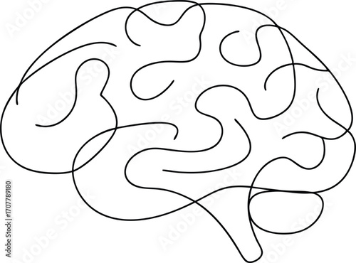 Brain Single Line Art Graphic, Human Brain Continuous Line Drawing